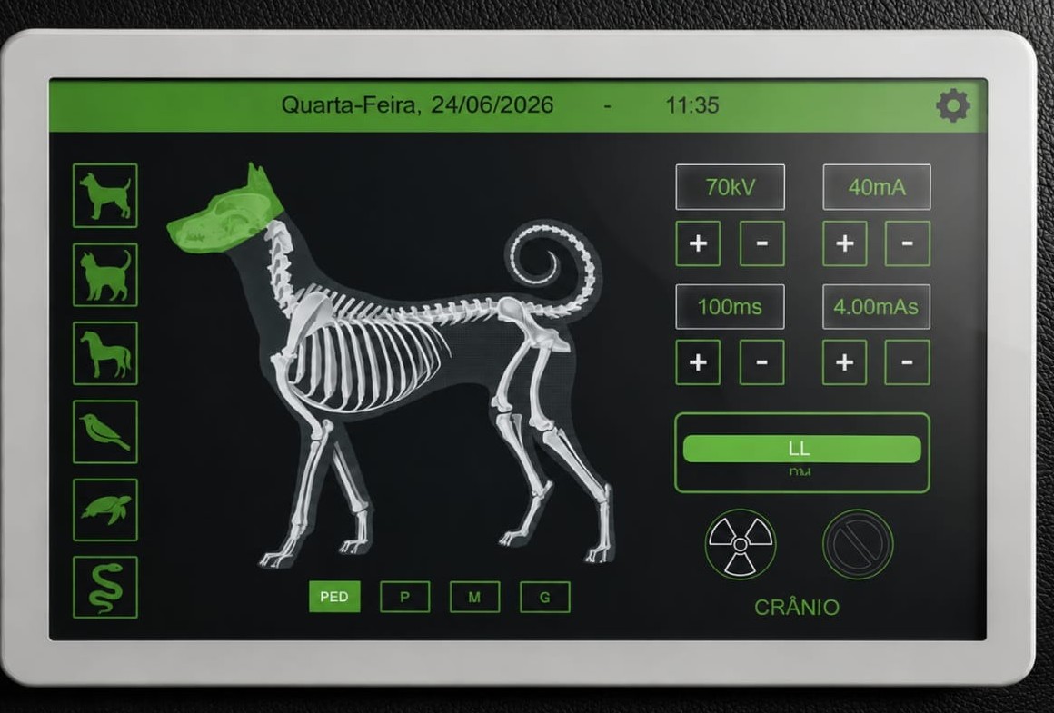Painel touch do ERK VetFlex com tabela de técnicas